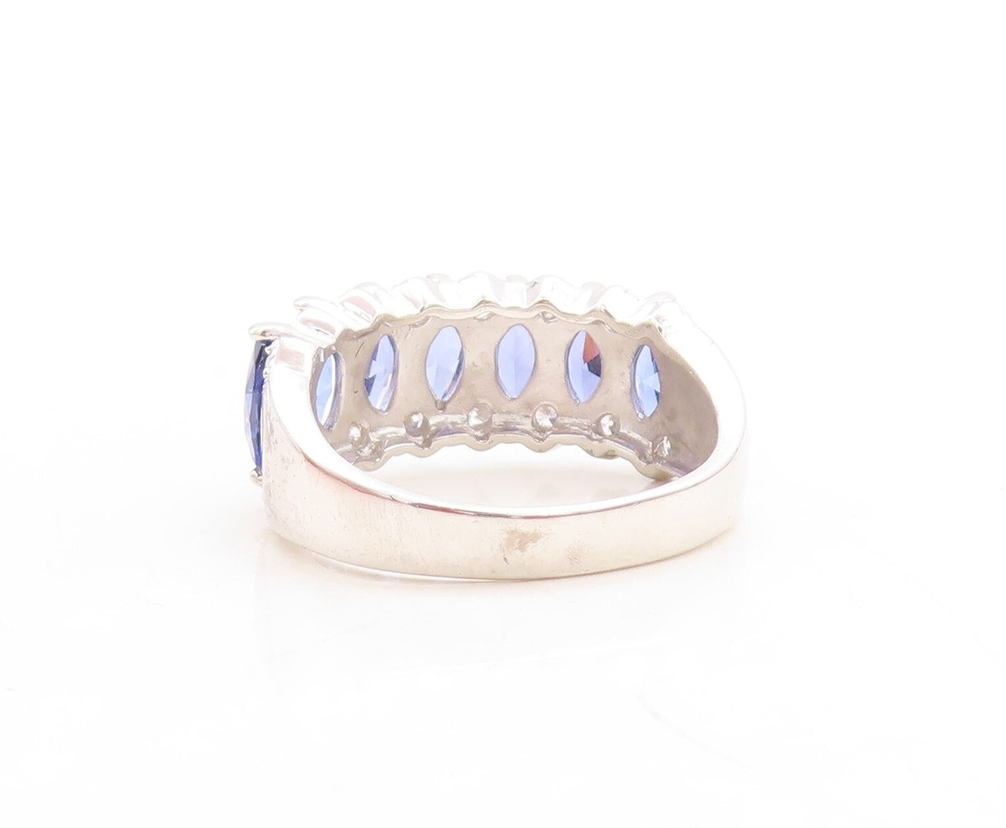 925 Sterling Silver Vintage Ring Marquise Cut Sapphire & CZ Inlay Sz 7.5 RG30089