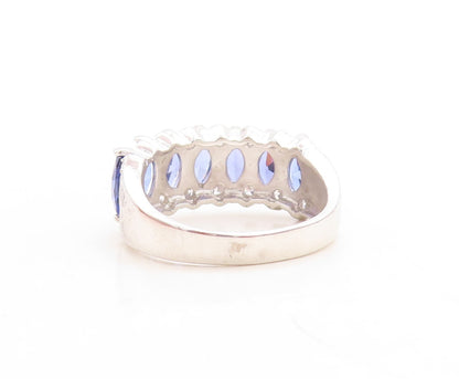 925 Sterling Silver Vintage Ring Marquise Cut Sapphire & CZ Inlay Sz 7.5 RG30089