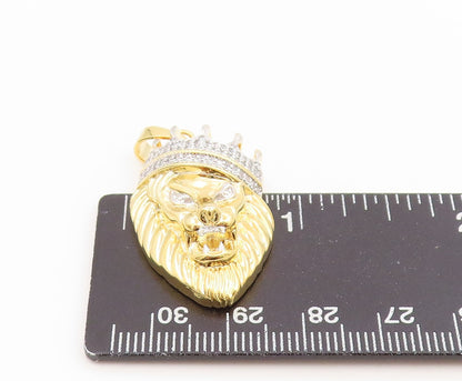 925 Sterling Silver Vintage Pendant Gold Plated CZ Crowned Lion Head  PT26217