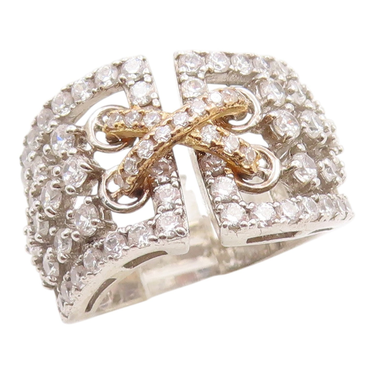 925 Sterling Silver Vintage Ring Two Tone CZ Crisscross Wide Band  Sz 7  RG36244