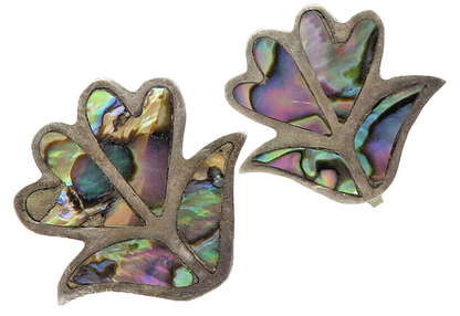 MEXICO 925 Silver  Vintage Abalone Flower Motif Non Pierce Earrings  EG5840
