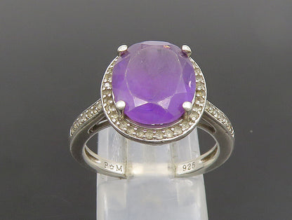 925 Sterling Silver  Vintage Oval Amethyst & Topaz Halo Ring Sz 7  RG25157