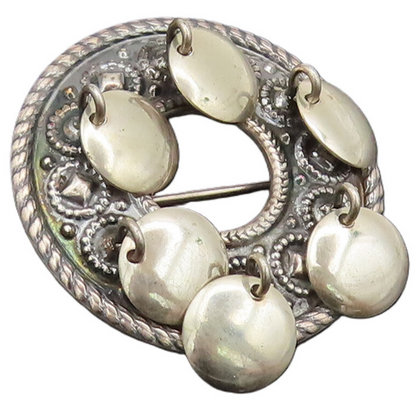 NORWAY 925 Silver  Vintage Solid Twisted Rope Carved Round Brooch Pin  BP10496