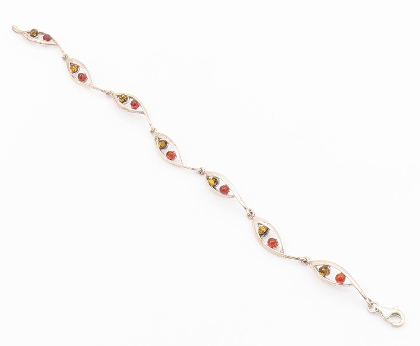 925 Sterling Silver  Vintage Petite Cabochon Cut Amber Chain Bracelet  BT8772