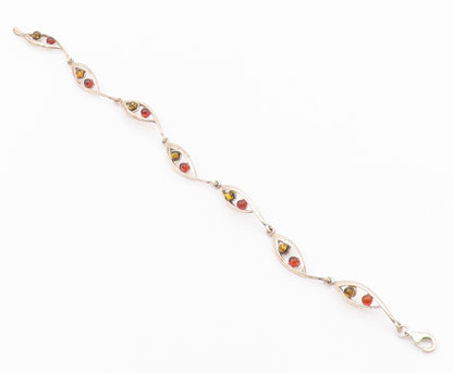 925 Sterling Silver  Vintage Petite Cabochon Cut Amber Chain Bracelet  BT8772