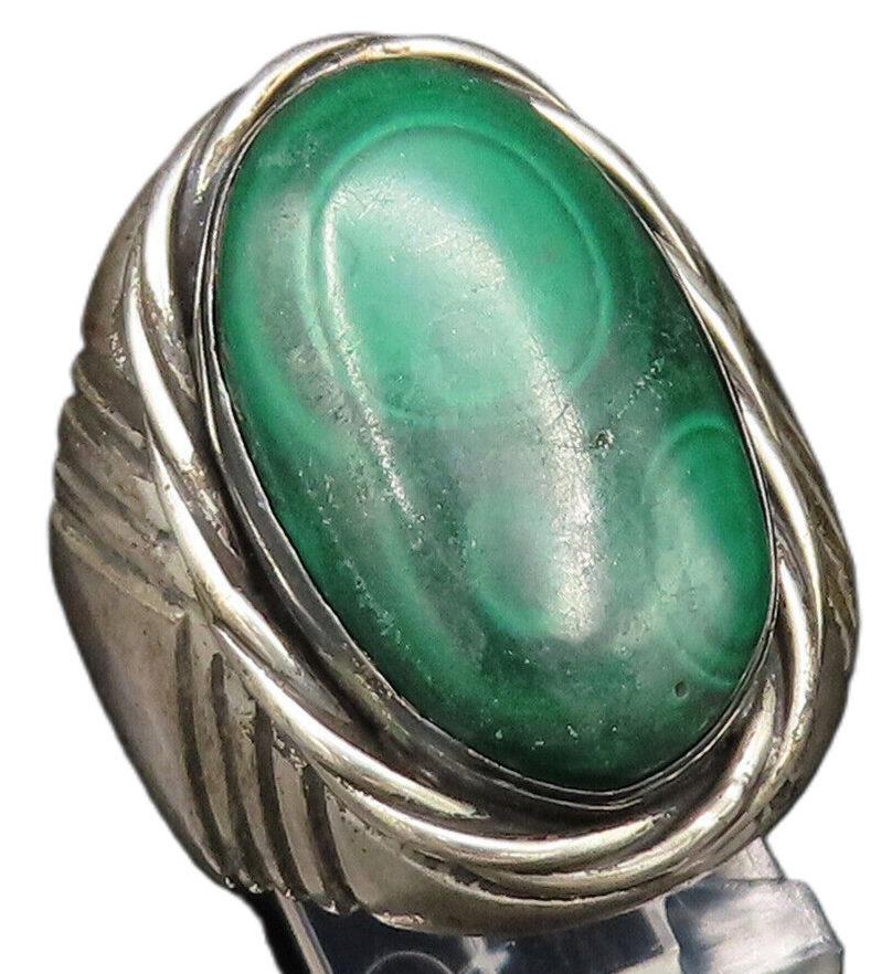 NAVAJO 925 Silver  Vintage Etched Lines Rope Twist Malachite Ring Sz 8 RG26119