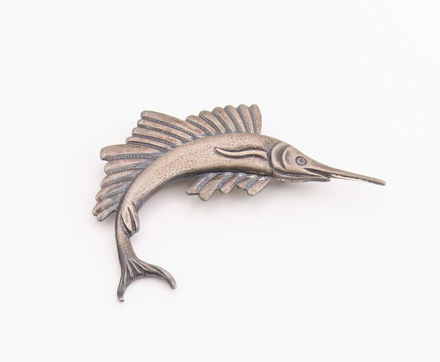925 Sterling Silver Vintage Brooch Pin Carved Nautical Swordfish Figure  BP12457