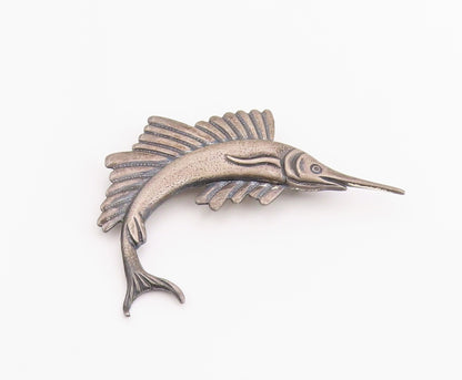 925 Sterling Silver Vintage Brooch Pin Carved Nautical Swordfish Figure  BP12457