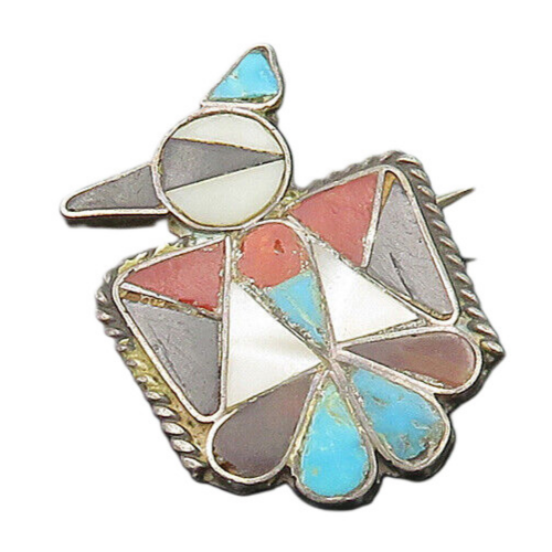 ZUNI NAVAJO 925 Silver Vintage Mother Of Pearl Multi Stone Brooch Pin BP7924