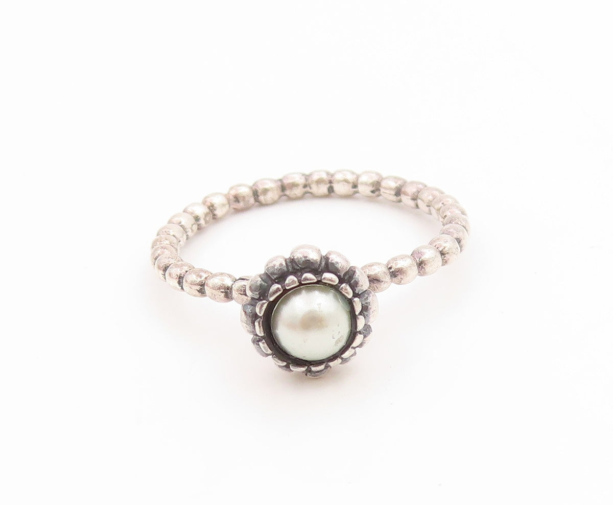 925 Sterling Silver Vintage Ring Elegant Pearl Halo Beaded Band  Sz 8  RG36044