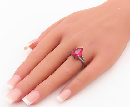 925 Sterling Silver Vintage Ring Minimalist Drop Cut Garnet  Sz 6.5  RG30320