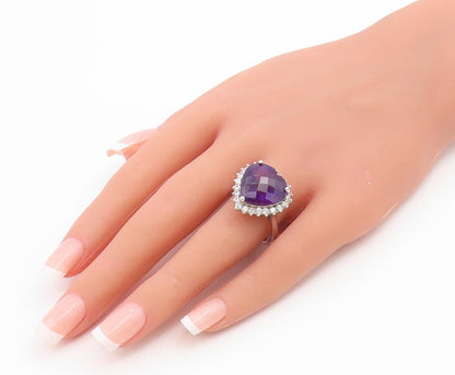 925 Sterling Silver Vintage Ring Amethyst Halo Topaz Love Heart  Sz 11  RG36738