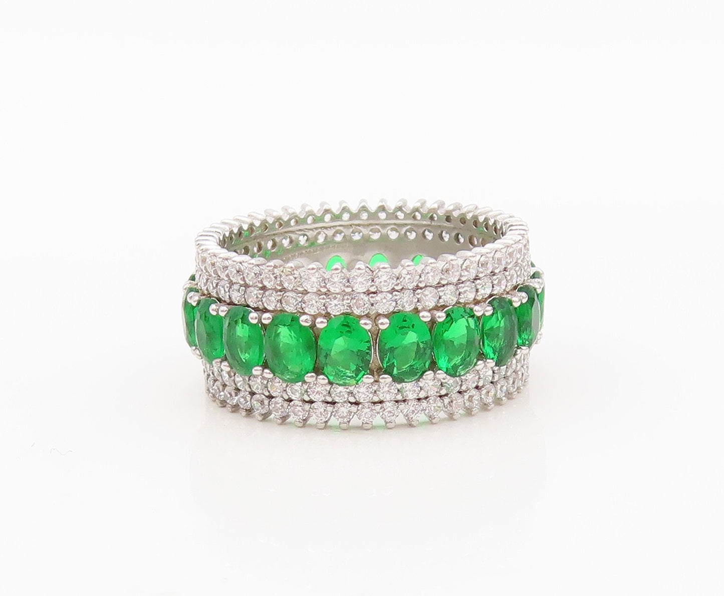 925 Sterling Silver Vintage Ring Oval Green & White CZ  Band  Sz 7  RG30406