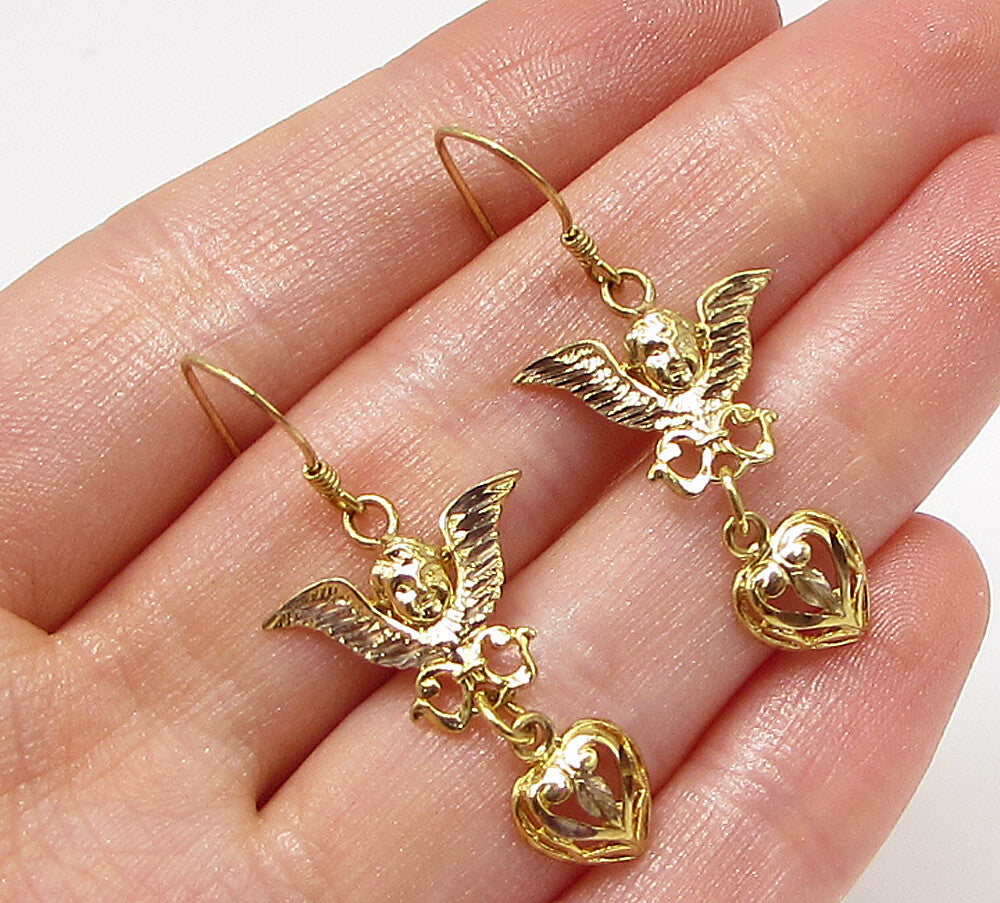 Gold Over 925 Sterling Silver Shiny Love Angel Drop Earrings EG1861