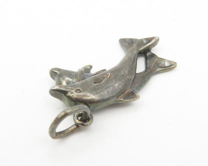 925 Sterling Silver  Vintage Petite Oxidized Leaping Dolphins Pendant  PT9113