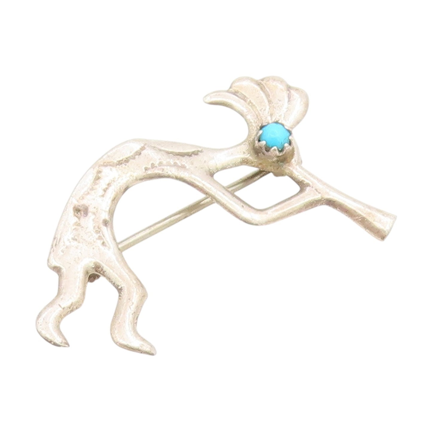 925 Sterling Silver Vintage Brooch Pin NAVAJO Turquoise Kokopelli Flute  BP12232