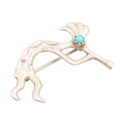925 Sterling Silver Vintage Brooch Pin NAVAJO Turquoise Kokopelli Flute  BP12232