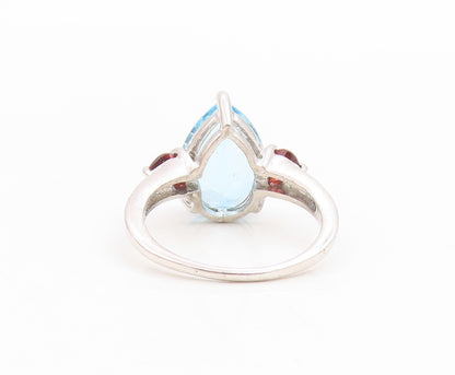 925 Sterling Silver Vintage Ring Pear Cut Blue Topaz & Garnet Band Sz 8 RG36189