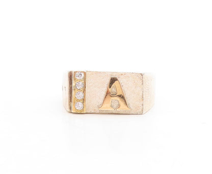 14k Gold 925 Sterling Silver Vintage Ring Solid Carved A CZ Inlay Sz 10 RG31521