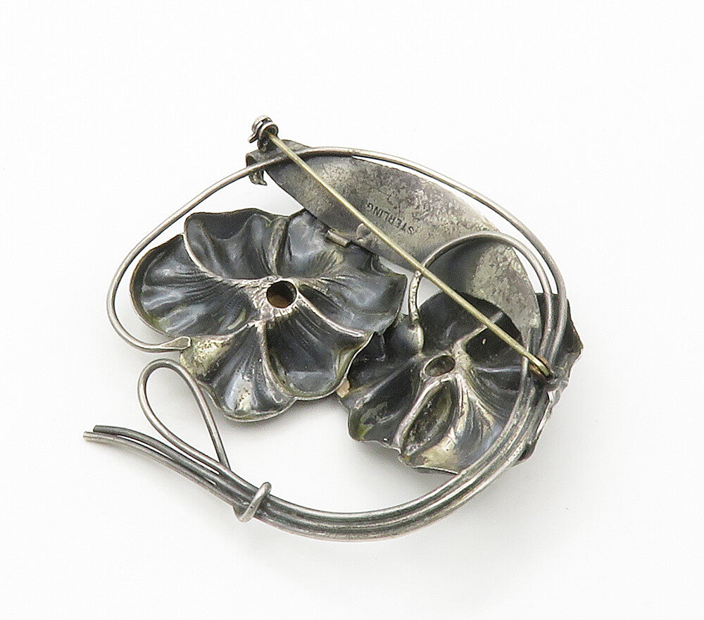 925 Sterling Silver  Vintage Dark Tone Flowers Etched Detail Brooch Pin BP5938