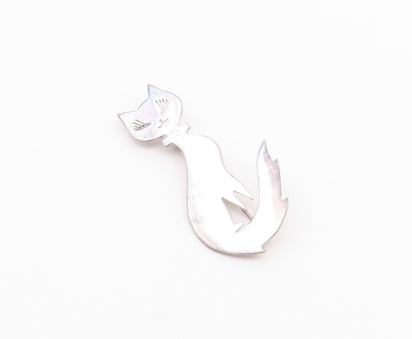MEXICO 925 Sterling Silver  Vintage Shiny Sitting Cat Brooch Pin  BP5677
