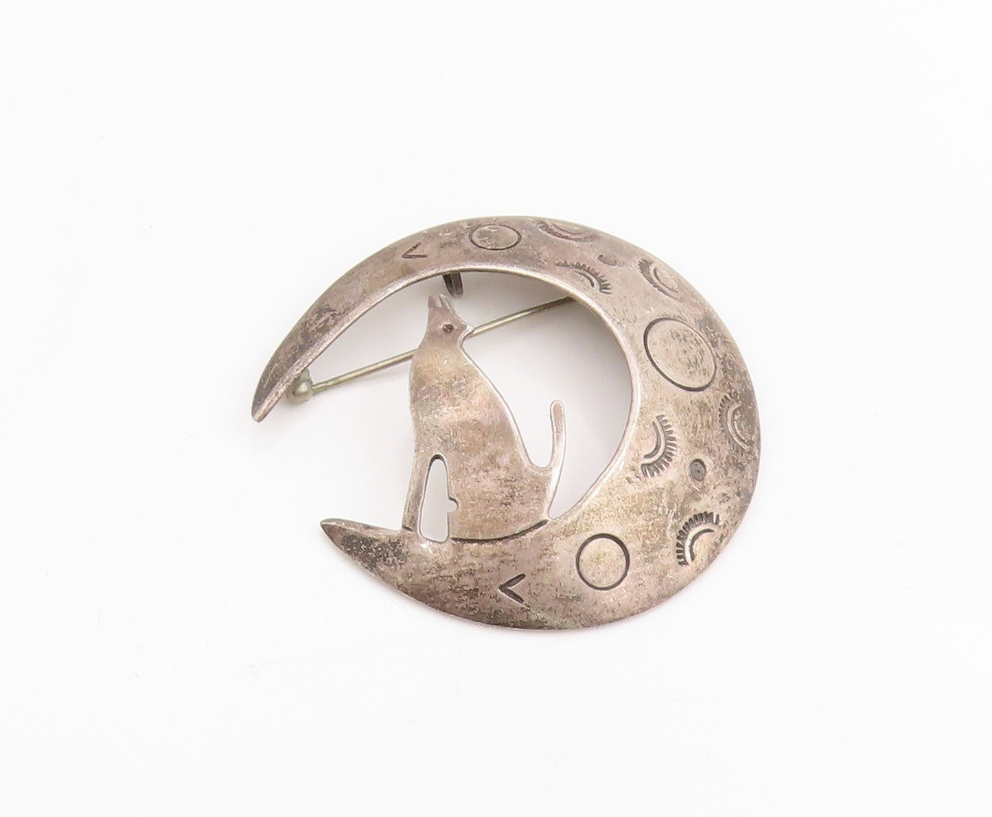 925 Sterling Silver Vintage Brooch MEXICO Etched Moon & Howling Wolf Pin BP11966