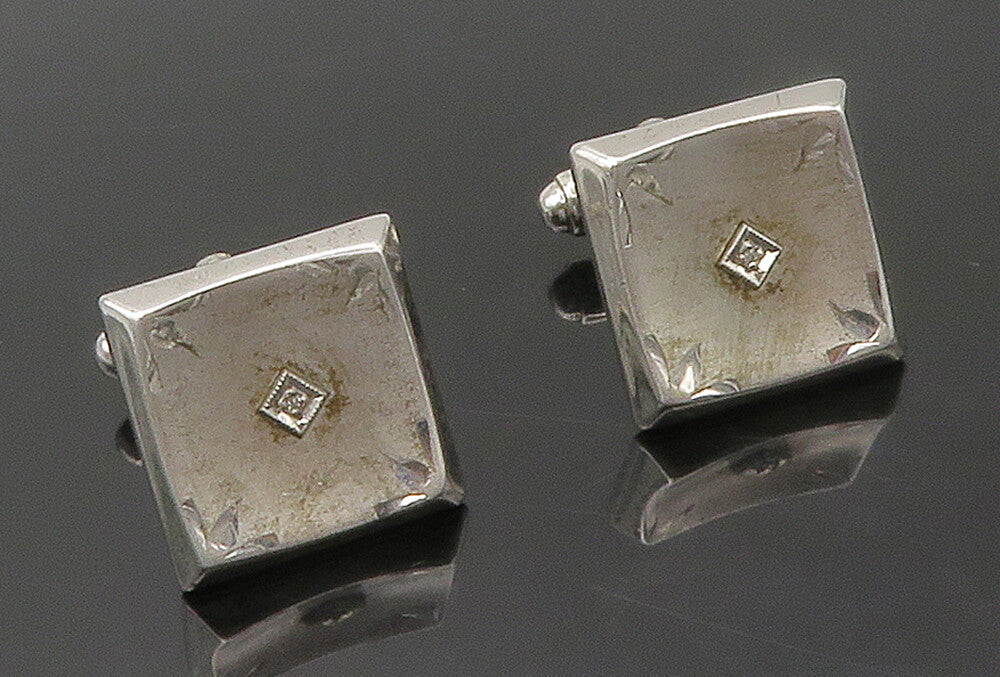 925 Sterling Silver  Vintage Genuine Diamonds Square Cuff Links  TR2133