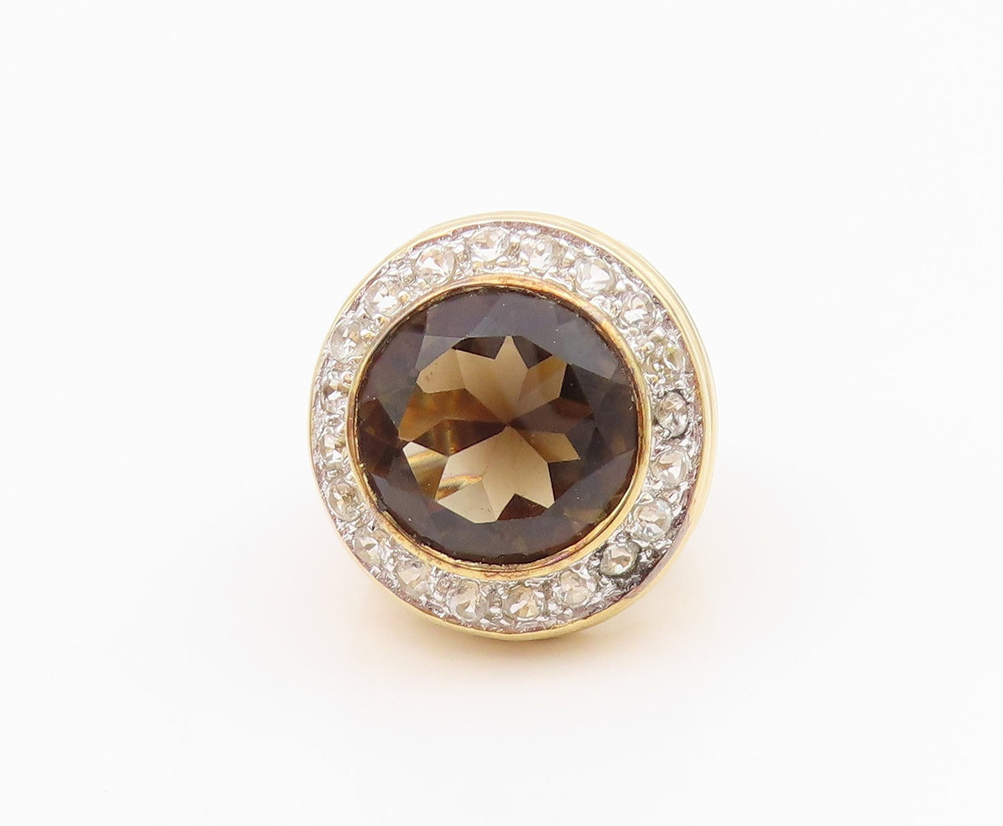 925 Sterling Silver Vintage Ring Gold Plated Smokey Quartz & CZ  Sz 7.5  RG33066