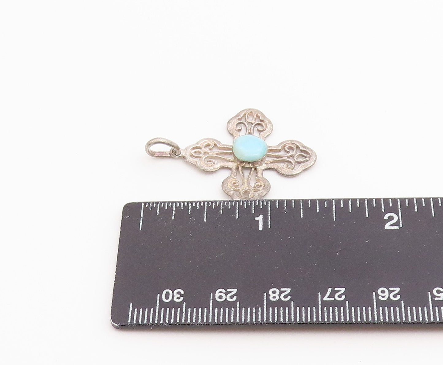 925 Sterling Silver Vintage Pendant Larimar Scrollwork Religious Cross  PT26523