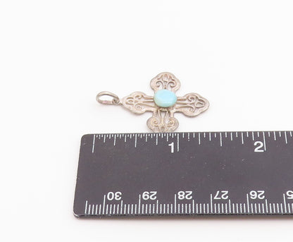 925 Sterling Silver Vintage Pendant Larimar Scrollwork Religious Cross  PT26523