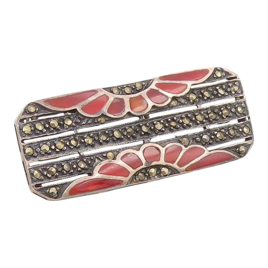 925 Sterling Silver Vintage Brooch Pin Marcasite & Carnelian Floral Bar  BP12589