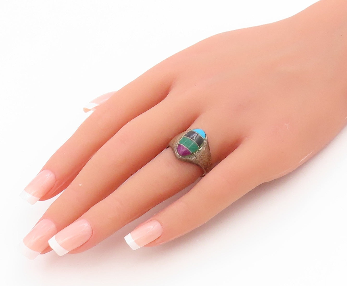 925 Sterling Silver Vintage Ring Multi Gemstone Inlay Band  Sz 9.5  RG34618