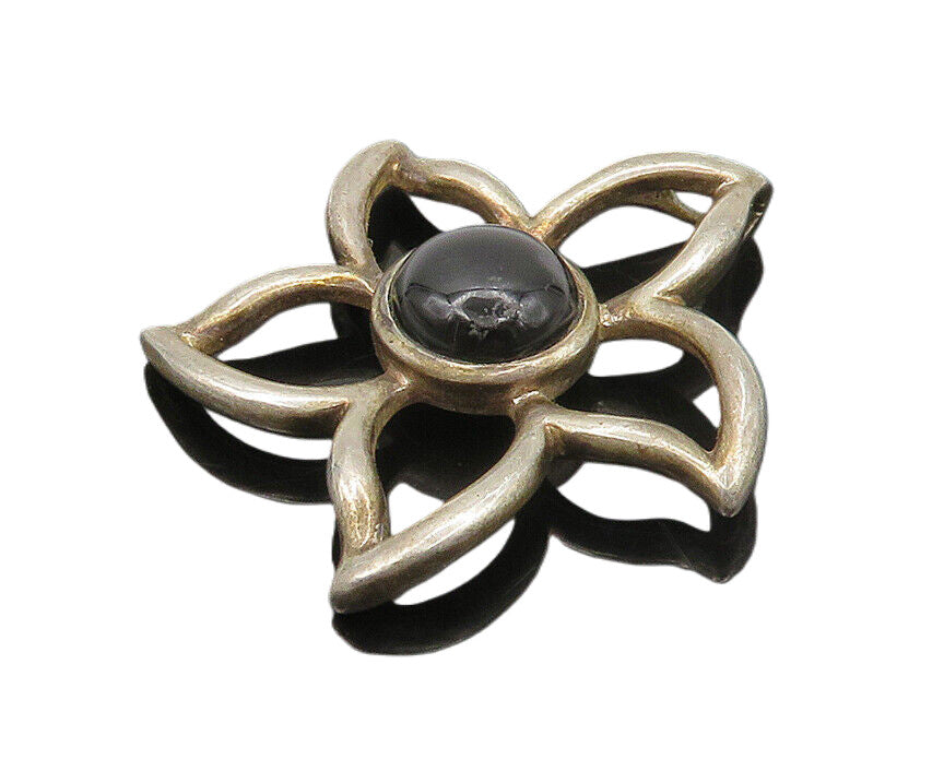 925 Sterling Silver  Vintage Cabochon Black Onyx Flower Motif Pendant  PT15134