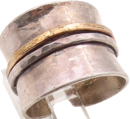925 Sterling Silver Vintage Ring Two Tone Hammered Wide Band  Sz 6.5  RG36300