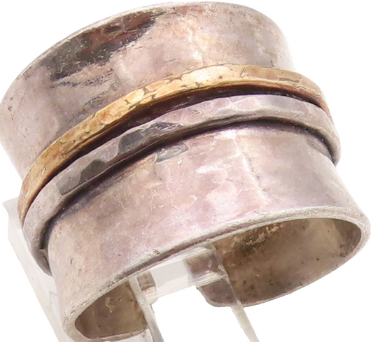 925 Sterling Silver Vintage Ring Two Tone Hammered Wide Band  Sz 6.5  RG36300