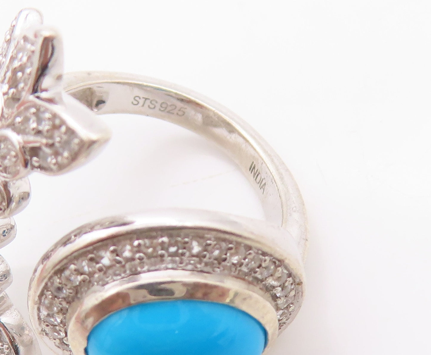 925 Sterling Silver Vintage Ring Designer Larimar & CZ Floral Cut  Sz 6  RG32499