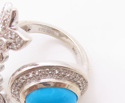 925 Sterling Silver Vintage Ring Designer Larimar & CZ Floral Cut  Sz 6  RG32499