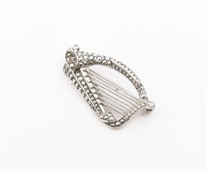 925 Sterling Silver  Vintage Sparkling Harm Instrument Brooch Pin  BP8359