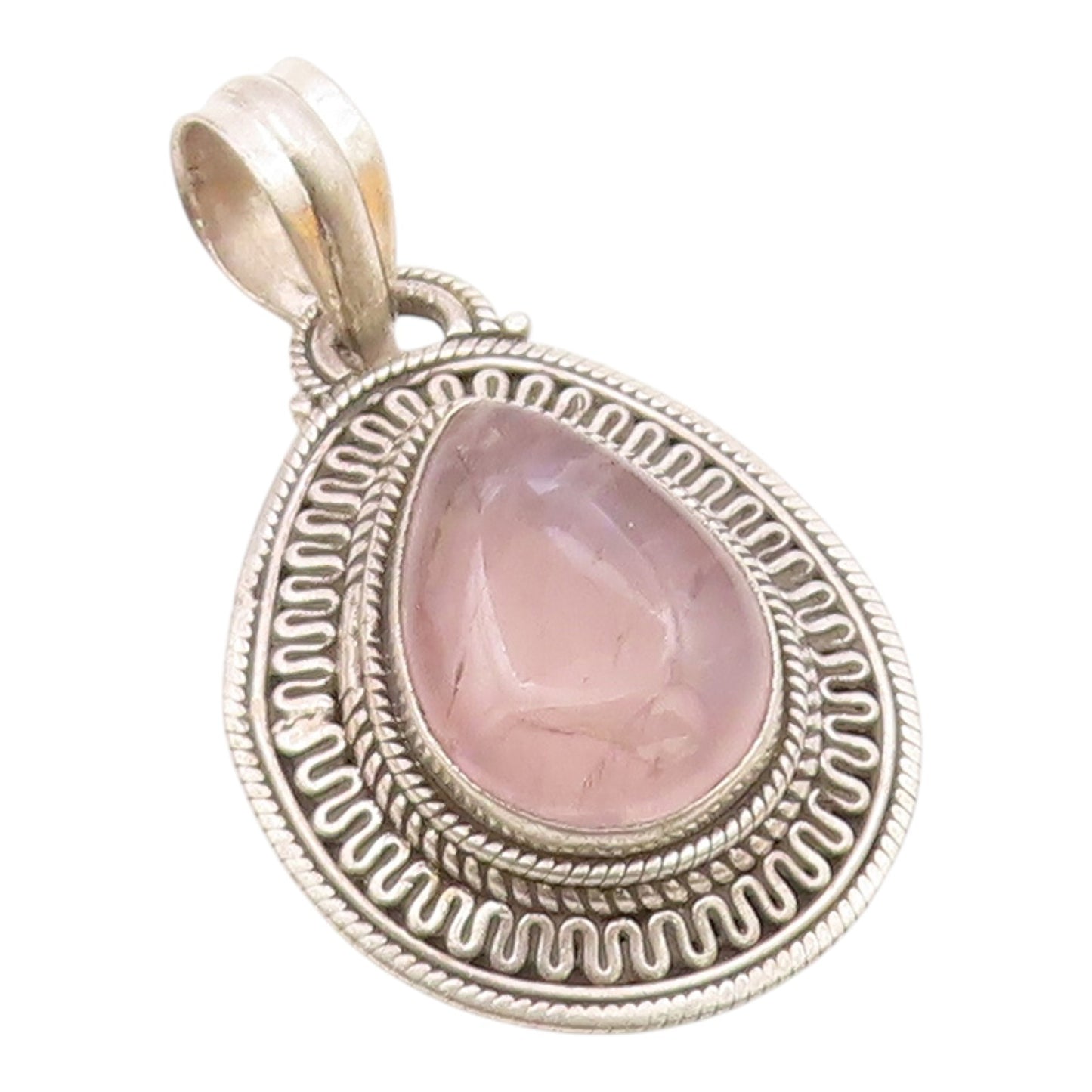 925 Sterling Silver  Vintage Cabochon Cut Rose Quartz Shiny Pendant  PT13789