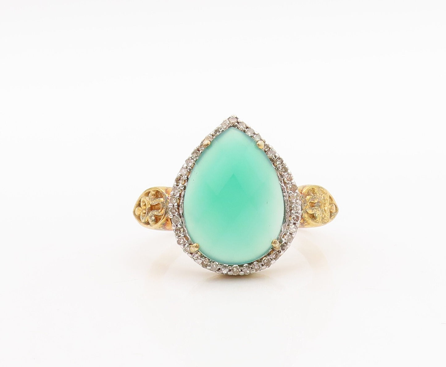 925 Sterling Silver Vintage Ring Gold Plated Diamond Green Gemstone Sz 8 RG29192