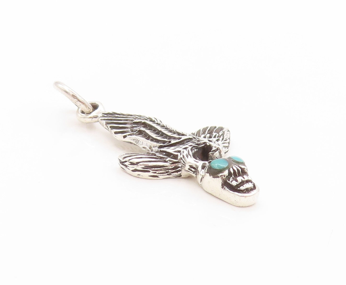 925 Sterling Silver Vintage Pendant Flying Bird Turquoise Eyed Skull  PT24153