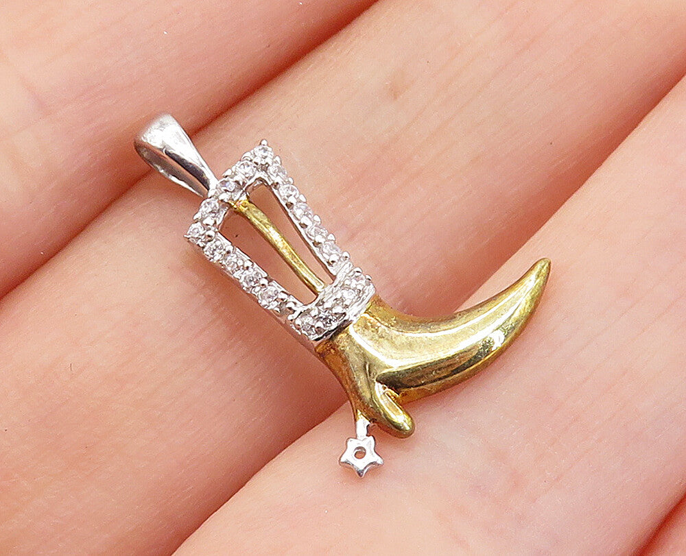925 Sterling Silver  Topaz Shiny Two Tone Cowboy Boot Motif Pendant  PT4438