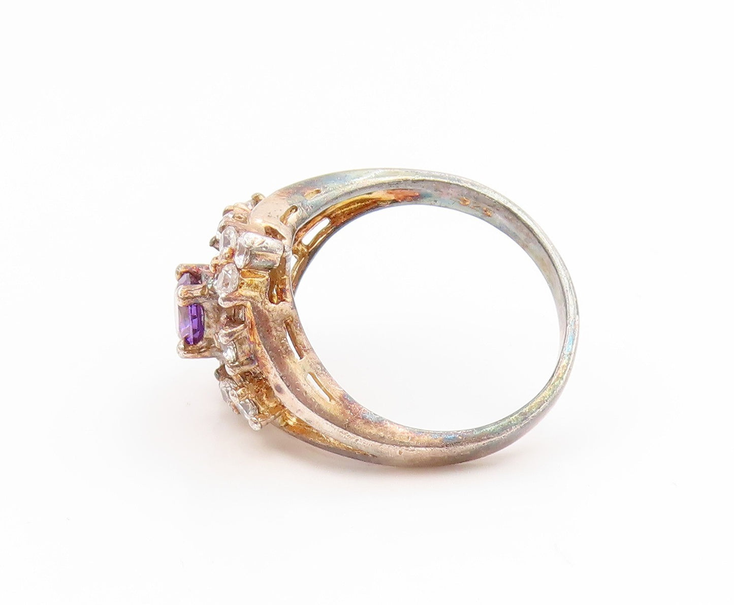 925 Sterling Silver Vintage Ring Gold Plated Amethyst & Topaz Band Sz 8 RG35168