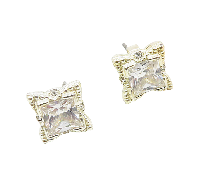 925 Sterling Silver  Vintage Shiny Cubic Zirconia Square Stud Earrings  EG9569