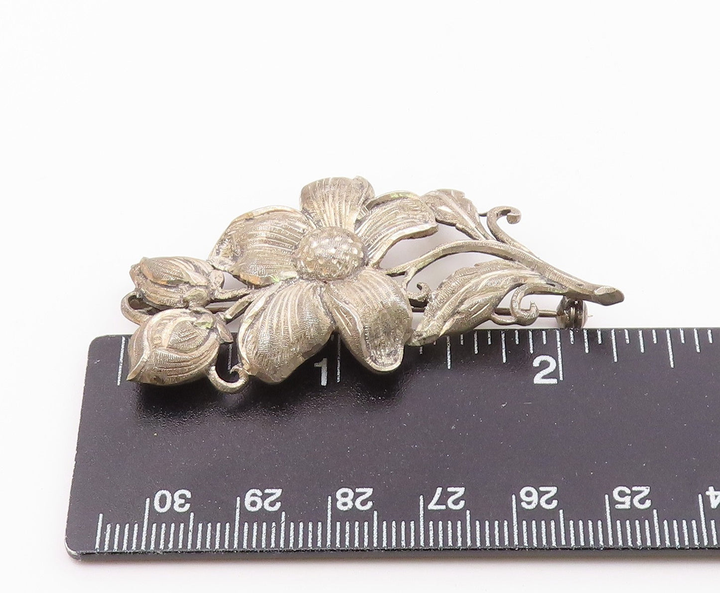 925 Sterling Silver  Vintage Shiny Etched Single Flower Brooch Pin  BP4888
