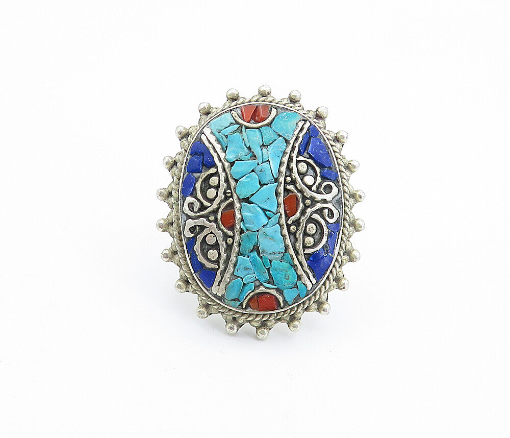 925 Silver  Vintage Turquoise & Lapis Lazuli Cocktail Ring Sz 10.5  RG7700