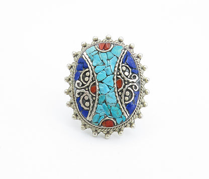 925 Silver  Vintage Turquoise & Lapis Lazuli Cocktail Ring Sz 10.5  RG7700