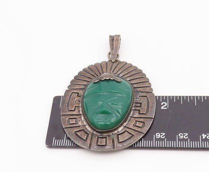 925 Sterling Silver Vintage Pendant MEXICO TAXCO Carved Green Onyx Mask  PT26044