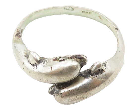 925 Sterling Silver  Vintage Dark Tone Dolphin Bypass Band Ring Sz 8  RG11797