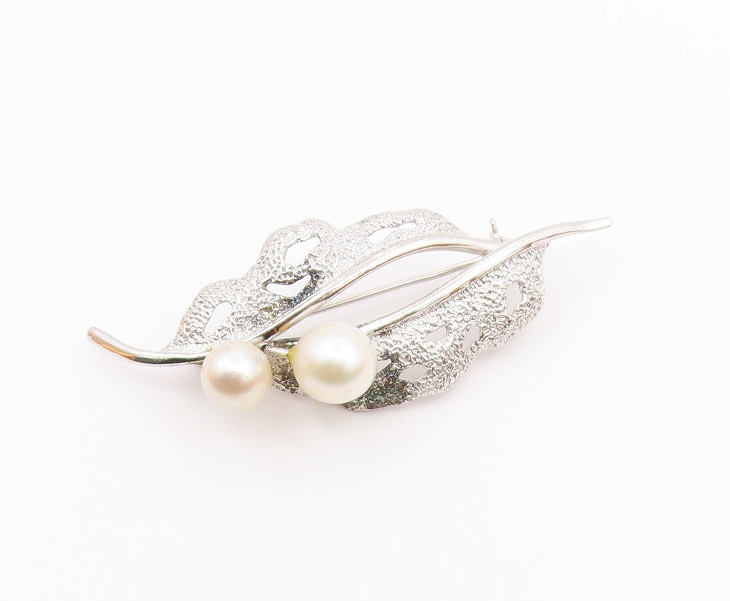 925 Silver  Vintage Cultured Pearls Shiny Floral Leaf Brooch Pin  BP8881